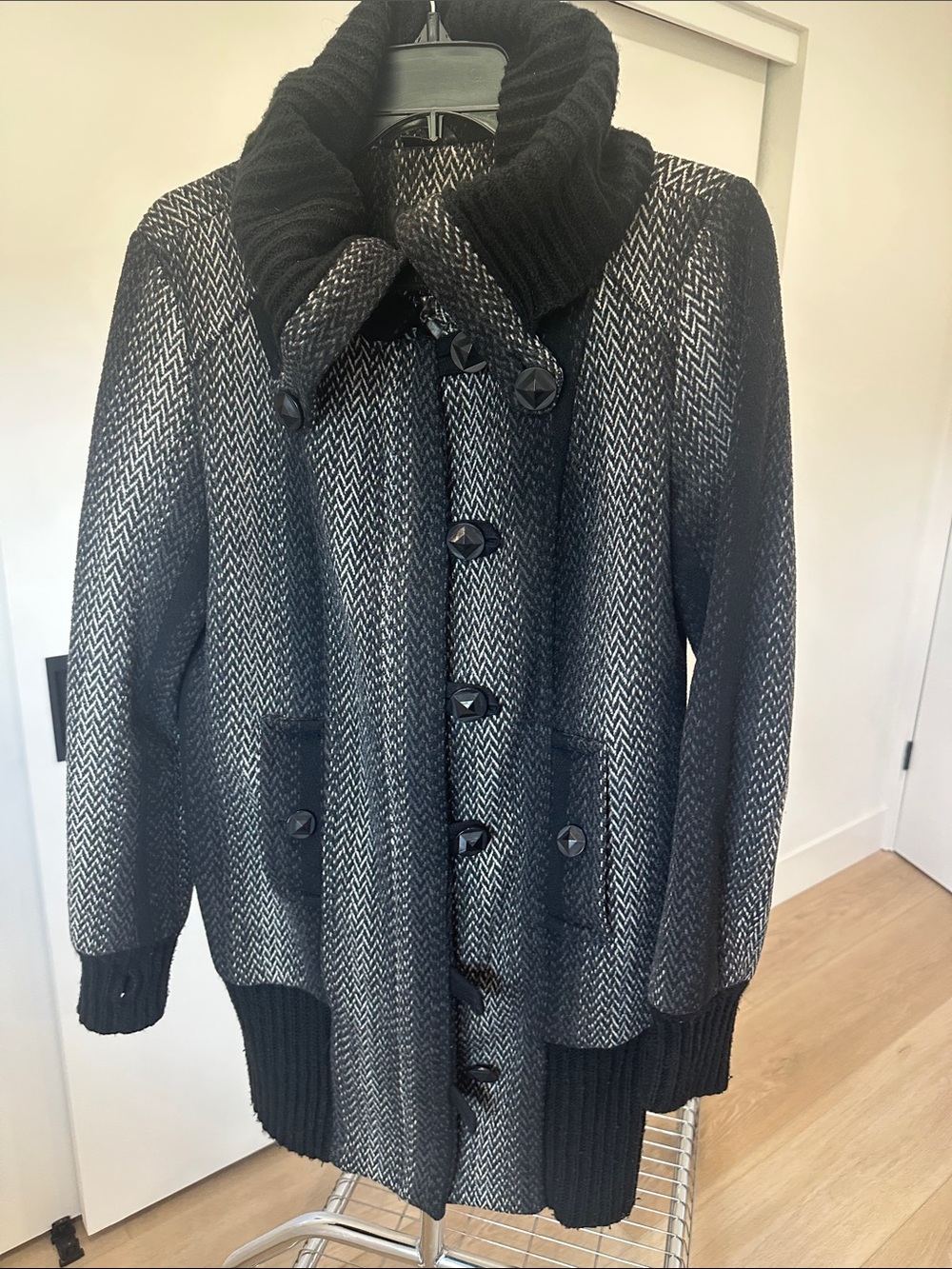 RUDSAK Black and Gray Herringbone Coat with Knit Collar